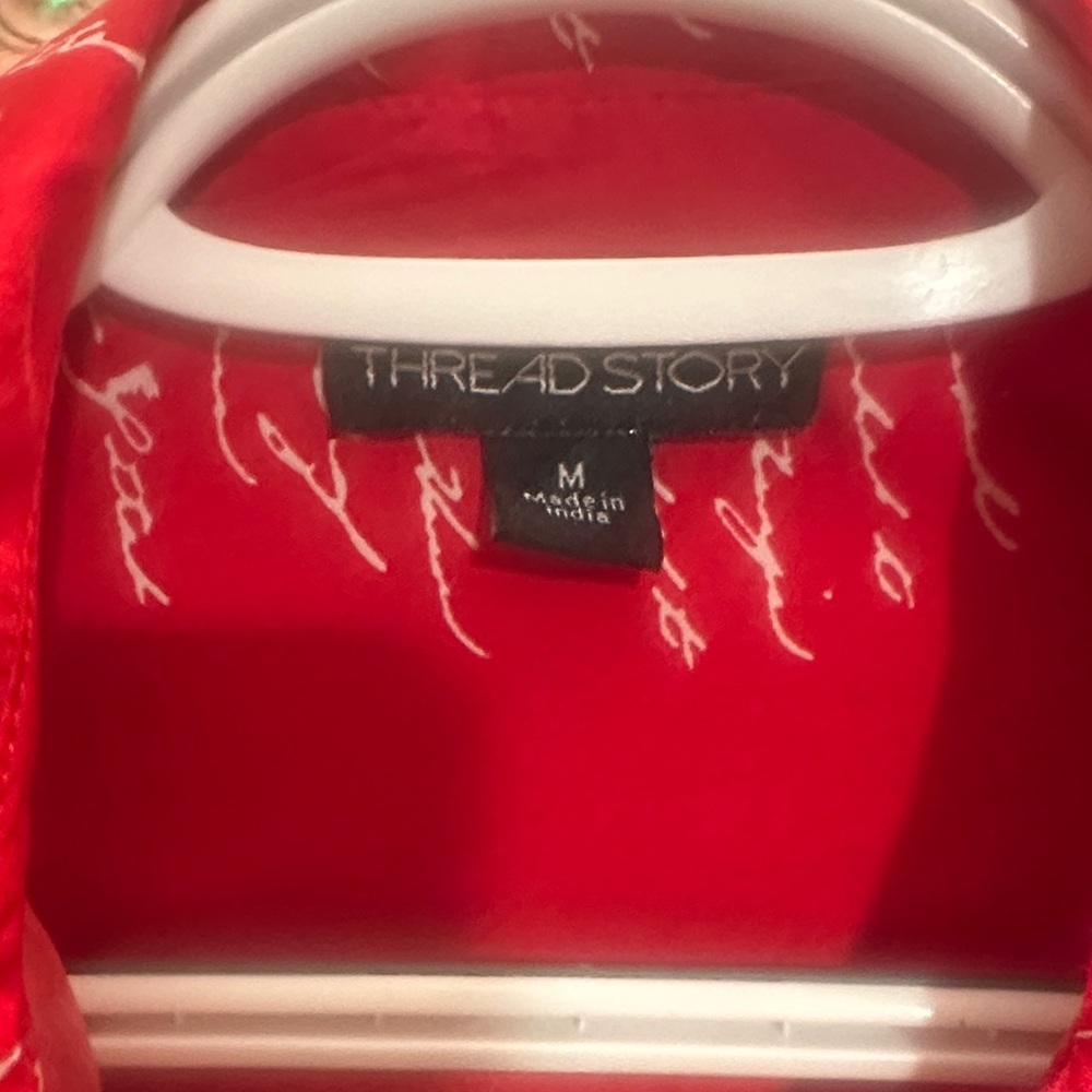 Red Button-Up Blouse with Script Design - Picture 2 of 3